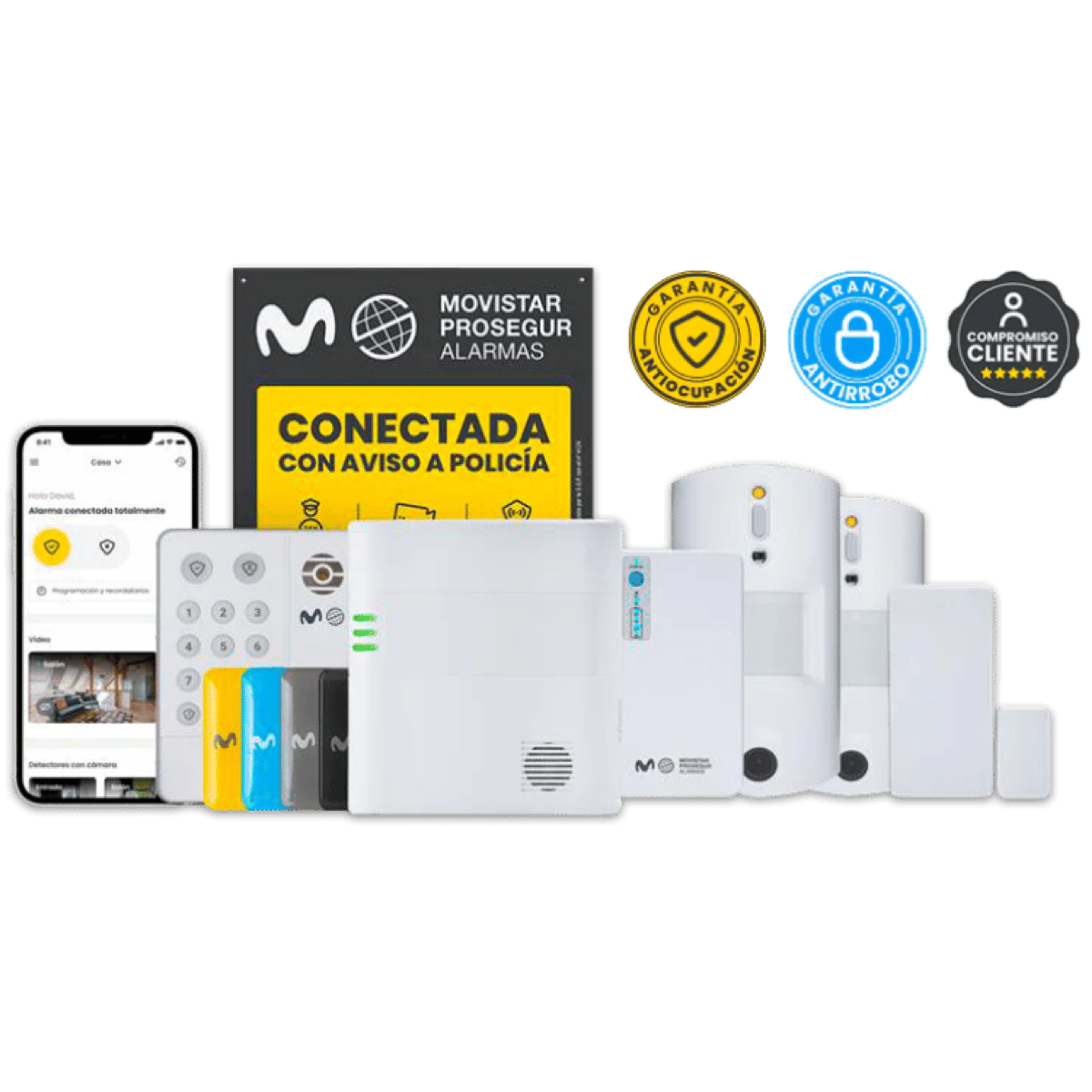 Kit oficial de alarma de Movistar Prosegur Alarmas con panel, detectores y cámara