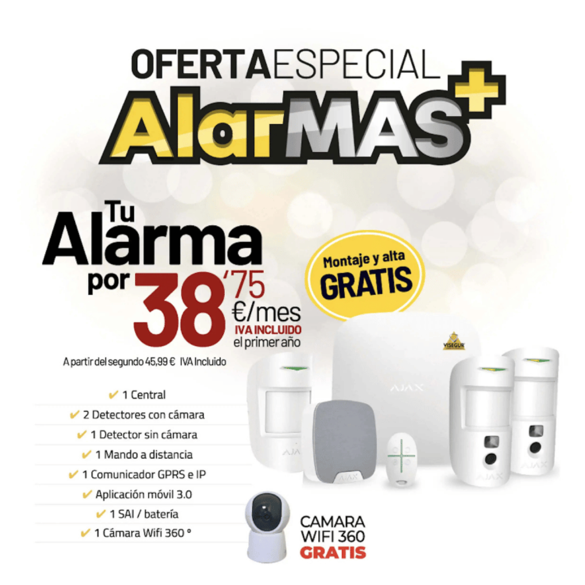 Kit oficial de alarma de Visegur con panel, detectores y cámara